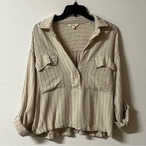 Max Studio Women's Linen Blend Stripe Medium Long Sleeve Collared Pullover Beige